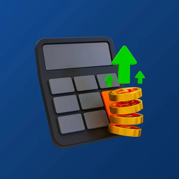 3D最低限度的金融增长 飞涨的财政 库存增加 货币升值 一个有一堆硬币和箭头的计算器 3D例证 包含裁剪路径 — 图库照片