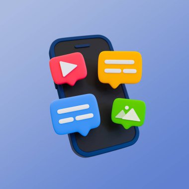 3D minimal iletişim simgesi. Online sosyal medya sohbeti. Çevrimiçi mesaj gönderiliyor Sohbet ikonlu akıllı telefon. 3 boyutlu illüstrasyon. kırpma yolu dahil.