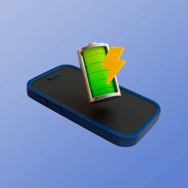 3d minimal battery status icon. green energy charging. full power tube. smartphone with battery at full level and thunder icon. 3d illustration. clipping path included.