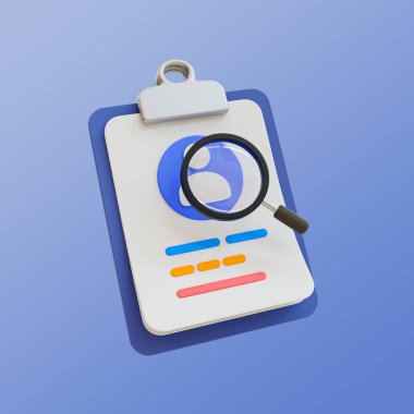 3D minimal kimlik taraması. kullanıcı doğrulaması. Kişisel bilgiler. Kullanıcı bilgisi ve büyüteç içeren bir pano. 3D tasvir. kırpma yolu dahil.