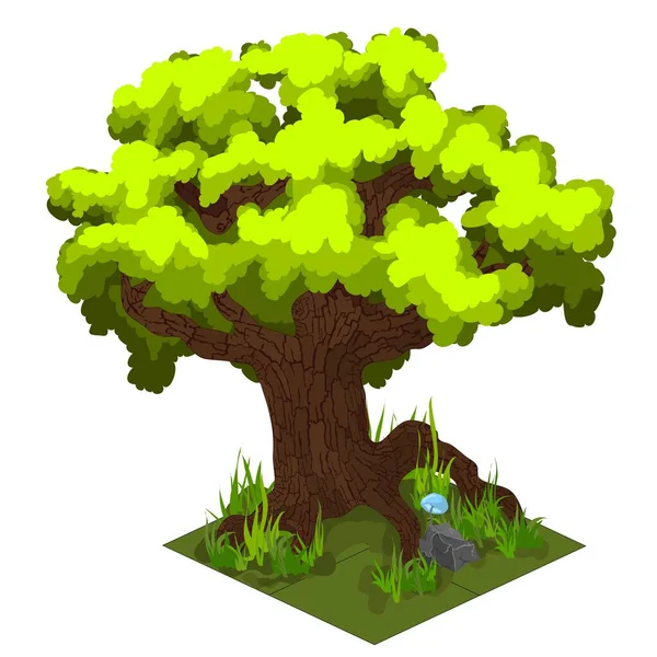 Isometrisk Illustration Med Grönt Träd Och Gräs För Speldesign — Stock vektor