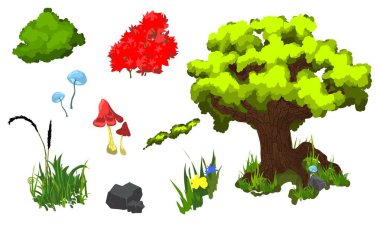 Orman manzarası elementleri, taş, yeşil çimen, ağaç, yosun, çalılar ve mantar. Vektör karikatür set yaz bahçesi ya da park nesneleri. Doğa Nesneleri