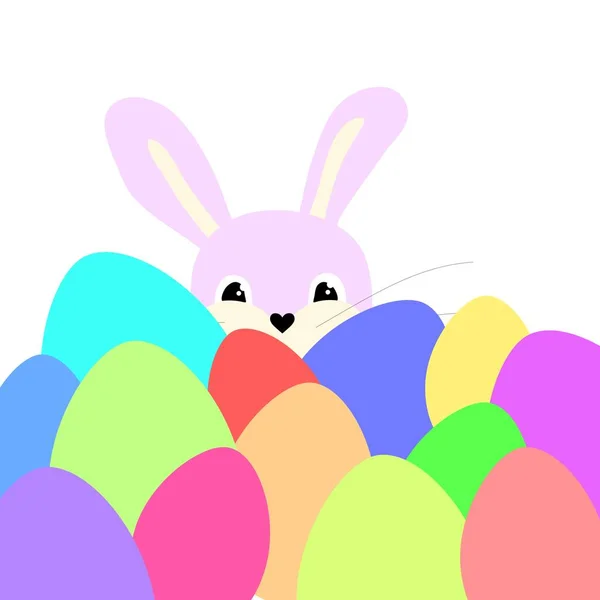 Милый Кролик Разноцветные Пасхальные Яйца Плакат Баннер Милым Кроликом Кроликом — стоковый вектор