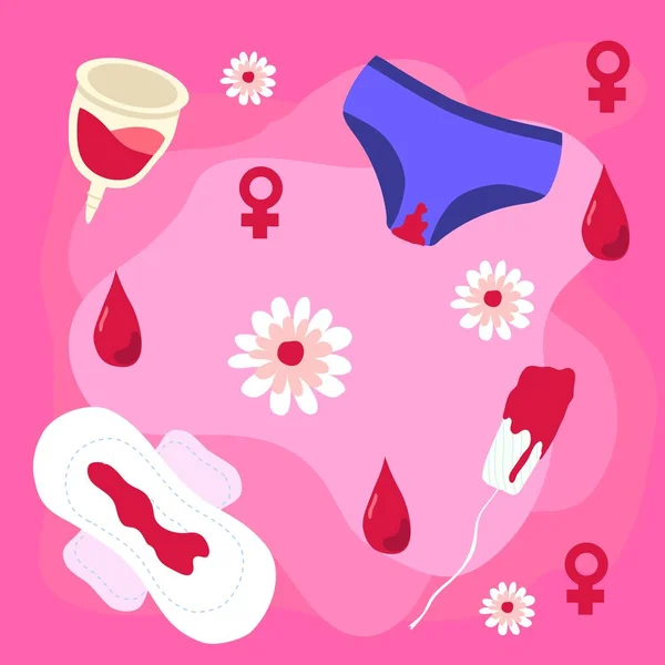 病媒妇女卫生用品集 门廊杯 卫生棉条 生态垫 一套个人卫生病媒图解 女性月经周期扁平图标集 — 图库矢量图片