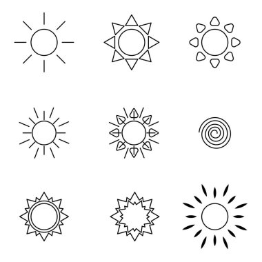 Güneş simgeleri. farklı tür güneş ikonları. Güneşin bir dizi basit görüntüsü. Farklı şekil ve çizgilere sahip bir dizi güneş ikonu..
