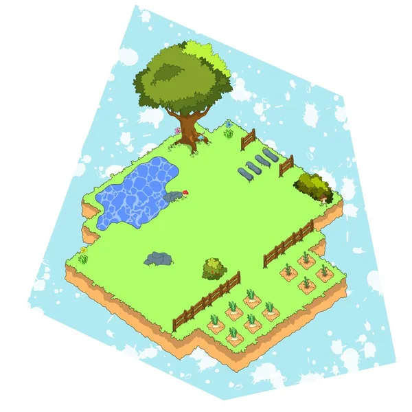 等距游戏位置与树 石头和床与栽培的植物 农场游戏地点 — 图库矢量图片