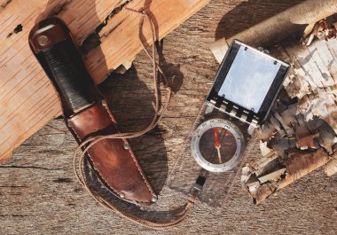 Hunting knife and compass on wood clipart