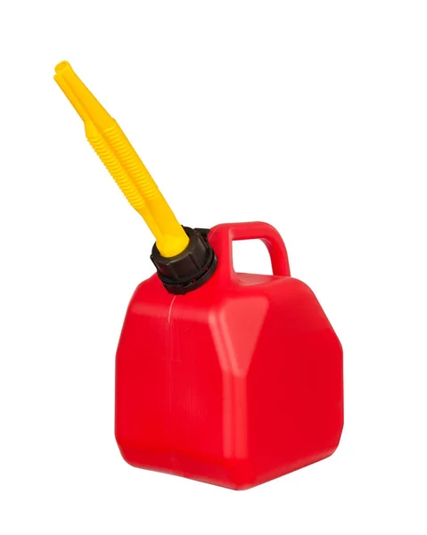 红色燃料或汽油容器 黄色喷口 白色隔离 — 图库照片