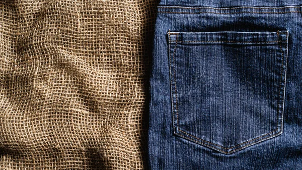 Blue Jeans Detail Burlap — Stock Photo, Image