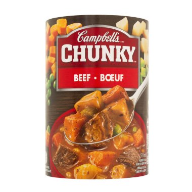 Pleasant Valley, - Canada, January 23, 2023: Cambell's beef soup label. Campbell Soup Company is an American food and snack company.