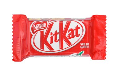 Pleasant Valley, Canada - February 25, 2023: Nestle Kit Kat candy bar isolated on white. Nestle is a Swiss based food and drink corporation and is the largest food company in the world.