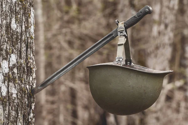 stock image Vintage M1 army helmet hanging on bayonet