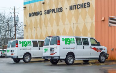 Truro, Canada - December 30, 2023: Parked U-Haul Vans. U-Haul is an American owned moving and self-storage rental company in business since 1945.