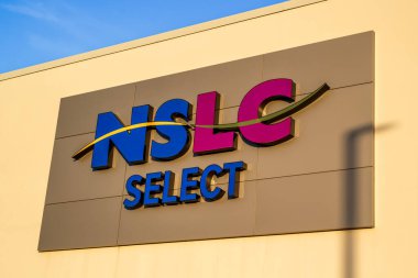 Stewiacke, Canada - December 12, 2024: NSLC sign. The Nova Scotia Liquor Corporation controls the sale of alcoholic beverages and recreational cannabis in Nova Scotia, Canada. clipart