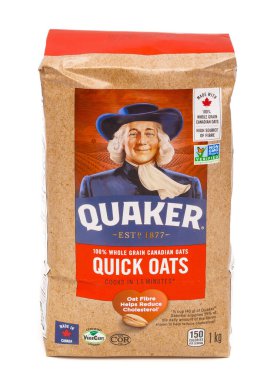 Pleasant Valley, Kanada - 08 Ocak 2024: Quaker Quick Oats. Quaker Yulaf Şirketi Chicago, Illinois merkezli bir Amerikan gıda şirketidir..