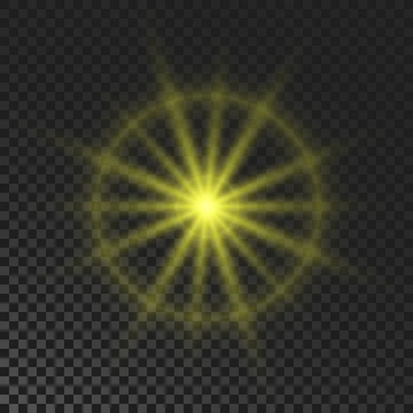 Sparkling Star Yellow Glowing Flickering Flashing Light Dark Transparent Background — Διανυσματικό Αρχείο