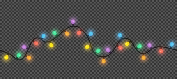 Christmas Lights Dark Transparent Background Vector String Colorful Holiday Lights — Stock Vector
