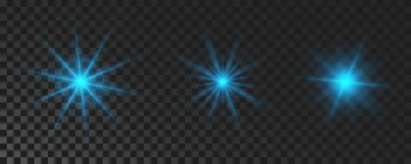 Set Sparkling Stars Blue Glowing Flickering Flashing Lights Dark Transparent — Vector de stock