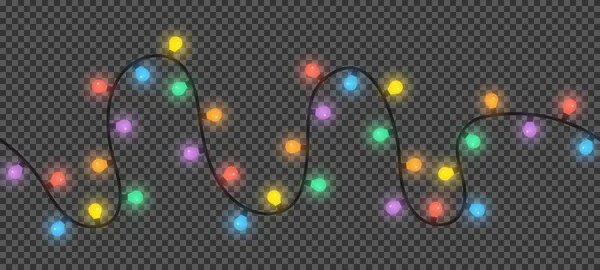 Christmas Lights Dark Transparent Background Vector String Colorful Holiday Lights — Stock Vector