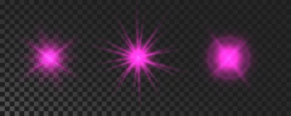 Set Sparkling Stars Purple Glowing Flickering Flashing Lights Dark Transparent — Vector de stock