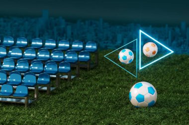 Futbol topu nesnesi, spor topu tasarımı, futbol unsuru konsepti, 3D illüstrasyon, soyut futbol teknolojisi, akıllı telefon mobil ekran, yeşil çimen sahası, online spor, kumarhane spor dünyası