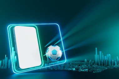 Futbol topu nesnesi, spor topu tasarımı, futbol unsuru konsepti, 3D illüstrasyon, soyut futbol teknolojisi, akıllı telefon mobil ekran, yeşil çimen sahası, online spor, kumarhane spor dünyası