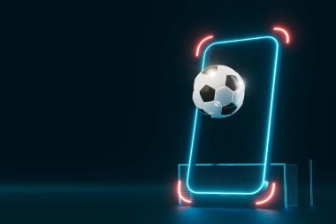 Futbol topu nesnesi, spor topu tasarımı, futbol unsuru konsepti, 3D illüstrasyon, soyut futbol teknolojisi, akıllı telefon mobil ekran, yeşil çimen sahası, online spor, kumarhane spor dünyası