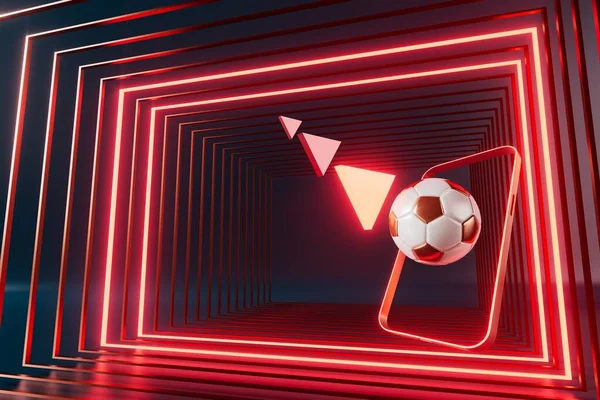 足球物体 运动球设计 足球元素概念 3D插图 抽象足球技术 智能手机移动屏幕 绿草场 在线体育直播 赌场体育业务 — 图库照片