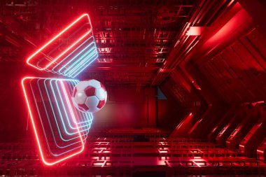 3D futbol objesi tasarımı. Gerçekçi yorumlama. Soyut fütürist arka plan. 3 boyutlu illüstrasyon. Hareket geometrisi kavramı. Spor yarışması grafiği. Turnuva oyunu içeriği. futbol topu elemanı.