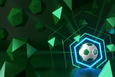 3D futbol objesi tasarımı. Gerçekçi yorumlama. Soyut fütürist arka plan. 3 boyutlu illüstrasyon. Hareket geometrisi kavramı. Spor yarışması grafiği. Turnuva oyunu içeriği. futbol topu elemanı.