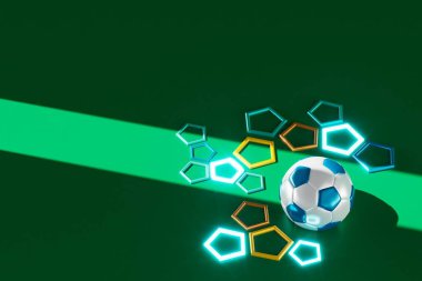3D futbol objesi tasarımı. Gerçekçi yorumlama. Soyut fütürist arka plan. 3 boyutlu illüstrasyon. Hareket geometrisi kavramı. Spor yarışması grafiği. Turnuva oyunu içeriği. futbol topu elemanı.