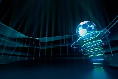 3D futbol objesi tasarımı. Gerçekçi yorumlama. Soyut fütürist arka plan. 3 boyutlu illüstrasyon. Hareket geometrisi kavramı. Spor yarışması grafiği. Turnuva oyunu içeriği. futbol topu elemanı.