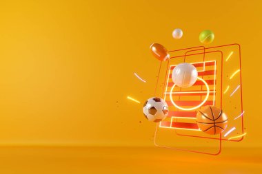 3 boyutlu spor sunumu. Bir spor oyunu için arka plan. 3 boyutlu illüstrasyon. Gerçekçi soyut arkaplan. Top nesnesi. kopyalama alanı. Tenis, futbol, golf, rugby, voleybol unsurları. neon konsept tasarımı.