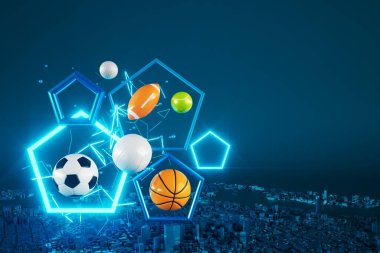 3 boyutlu spor sunumu. Bir spor oyunu için arka plan. 3 boyutlu illüstrasyon. Gerçekçi soyut arkaplan. Top nesnesi. kopyalama alanı. Tenis, futbol, golf, rugby, voleybol unsurları. neon konsept tasarımı.