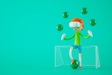3d boy cartoon character within football action and VR glasses metaverse. 3d illustration. ball object rendering. fitness exercise workout. copy space background. kick action. competition game