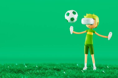3d boy cartoon character within football action and VR glasses metaverse. 3d illustration. ball object rendering. fitness exercise workout. copy space background. kick action. competition game