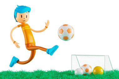 3d boy cartoon character in action with clipping path. 3d illustrator. sport activity. exercise fitness. workout training lifestyle. man player. technology VR. gym outdoor. cyberspace object concept.
