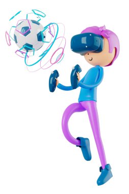 3d boy cartoon character in action with clipping path. 3d illustrator. sport activity. exercise fitness. workout training lifestyle. man player. technology VR. gym outdoor. cyberspace object concept.