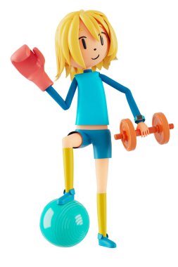 Çizgi film karakteri erkek ve spor objeleri olan kız. 3 boyutlu illüstrasyon. Fitness aktivitesi. Spor yapan bir adam. Sağlıklı kavram. Üç boyutlu top. egzersiz eylemi. Akıllı telefon akıllı kaset tasarımı.