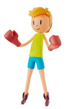 3d boy cartoon character in action with clipping path. 3d illustrator. sport activity. exercise fitness. workout training lifestyle. man player. technology VR. gym outdoor. cyberspace object concept.