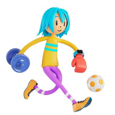 3d boy cartoon character in action with clipping path. 3d illustrator. sport activity. exercise fitness. workout training lifestyle. man player. technology VR. gym outdoor. cyberspace object concept.