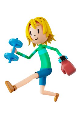 3d boy cartoon character in action with clipping path. 3d illustrator. sport activity. exercise fitness. workout training lifestyle. man player. technology VR. gym outdoor. cyberspace object concept.