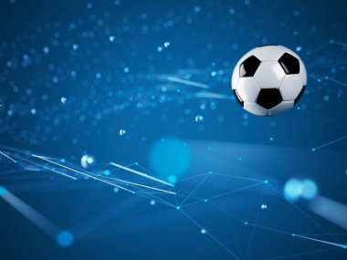 Futbol topu 3D nesnesi. 3 boyutlu illüstrasyon. Grafik arkaplan elemanı Spor soyut arka plan. Futbol tasarım yarışması konsepti sanatı. dijital teknoloji elementi güzel ışıklandırma alanı boş 