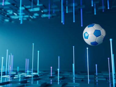 Futbol topu 3D nesnesi. 3 boyutlu illüstrasyon. Grafik arkaplan elemanı Spor soyut arka plan. Futbol tasarım yarışması konsepti sanatı. dijital teknoloji elementi güzel ışıklandırma alanı boş 