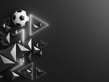 Futbol topu 3D nesnesi. 3 boyutlu illüstrasyon. Grafik arkaplan elemanı Spor soyut arka plan. Futbol tasarım yarışması konsepti sanatı. dijital teknoloji elementi güzel ışıklandırma alanı boş 