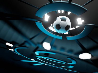 Futbol topu 3D nesnesi. 3 boyutlu illüstrasyon. Grafik arkaplan elemanı Spor soyut arka plan. Futbol tasarım yarışması konsepti sanatı. dijital teknoloji elementi güzel ışıklandırma alanı boş 