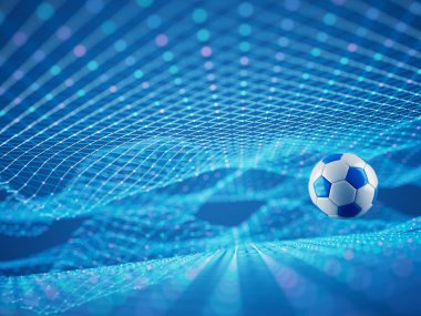 Futbol topu 3D nesnesi. 3 boyutlu illüstrasyon. Grafik arkaplan elemanı Spor soyut arka plan. Futbol tasarım yarışması konsepti sanatı. dijital teknoloji elementi güzel ışıklandırma alanı boş 