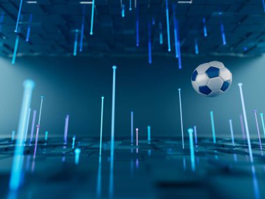 Futbol topu 3D nesnesi. 3 boyutlu illüstrasyon. Grafik arkaplan elemanı Spor soyut arka plan. Futbol tasarım yarışması konsepti sanatı. dijital teknoloji elementi güzel ışıklandırma alanı boş 