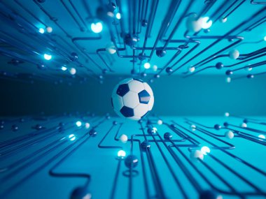 Futbol topu 3D nesnesi. 3 boyutlu illüstrasyon. Grafik arkaplan elemanı Spor soyut arka plan. Futbol tasarım yarışması konsepti sanatı. dijital teknoloji elementi güzel ışıklandırma alanı boş 