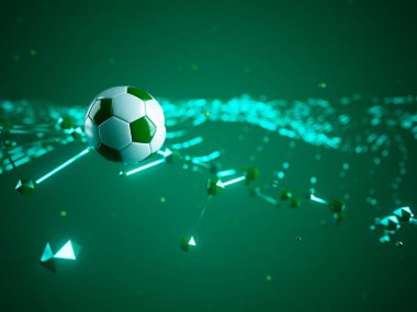 Futbol topu 3D nesnesi. 3 boyutlu illüstrasyon. Grafik arkaplan elemanı Spor soyut arka plan. Futbol tasarım yarışması konsepti sanatı. dijital teknoloji elementi güzel ışıklandırma alanı boş 